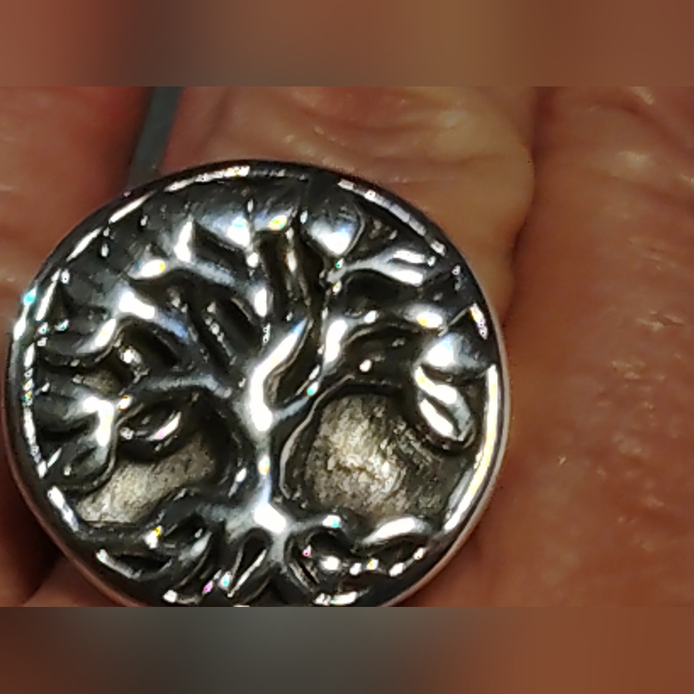 MEN'S- BOLD, STERLING *TREE OF LIFE RING*. NEARLY QUARTER SIZE BAND IS,  6 OR 10